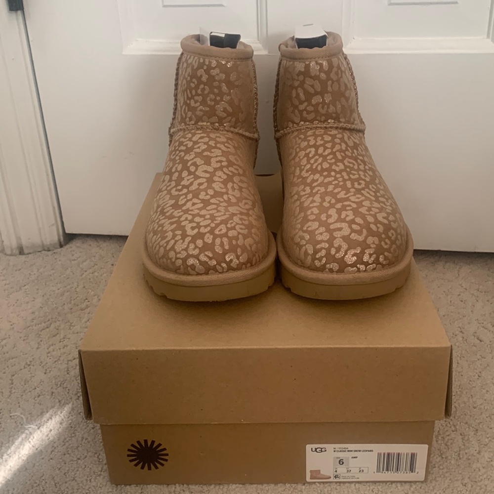 Ugg Classic Mini boots with snow leopard print